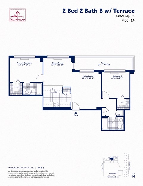 Floor plan for 2 beds, 2 baths, 1054 sqft